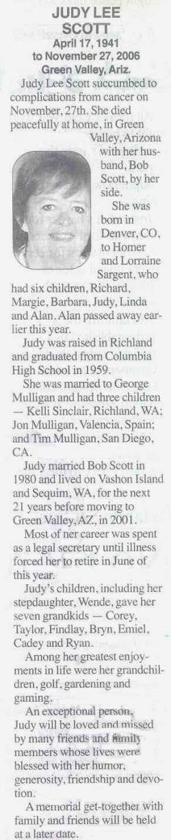 Judy Sargent Scott - Funeral Notice
